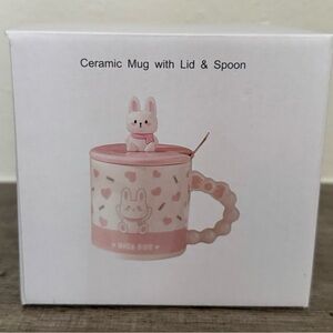 Pink Ceramic Mug with Bunny Lid and Spoon